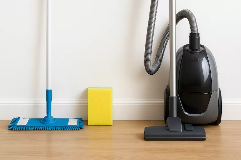 “Mopp, svamp och dammsugare placerade på rad i rent hem – symboliserar rengöring och underhåll av städutrustning för effektiv och hygienisk städning”