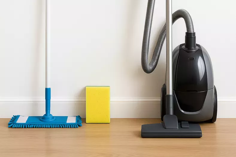 “Mopp, svamp och dammsugare placerade på rad i rent hem – symboliserar rengöring och underhåll av städutrustning för effektiv och hygienisk städning”